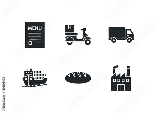 Collection of six black icons representing food service delivery logistics manufacturing and ocean transport