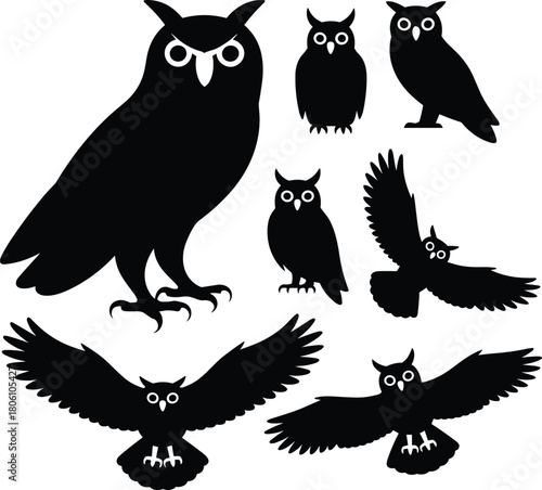 Owl silhouette illustration set, flying and perched poses, nocturnal bird icons, wildlife graphic, forest animal, nature symbol, raptor shape