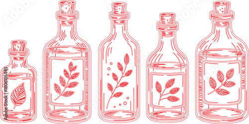 Five Red Outline Botanical Bottles with Corks and Leaves Illustration on White Background