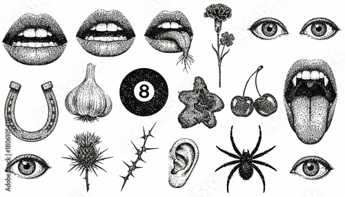 A hand-drawn collection of vintage tattoo flash symbols with a modern dotwork and stippling artistic style