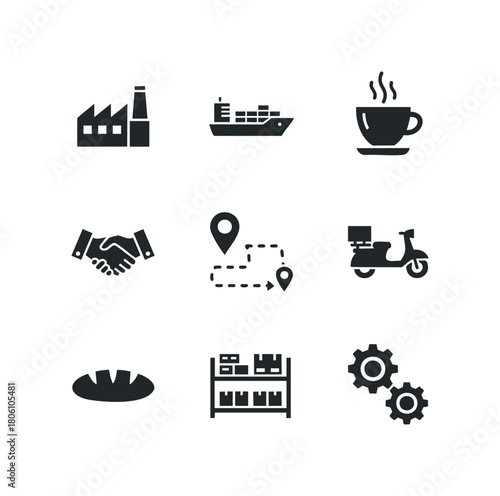 Collection of industry and service icons representing manufacturing, shipping, delivery, logistics, and business.