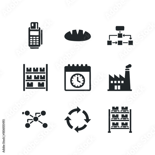 Collection of nine simple black icons representing business and logistic concepts like payment terminal, bread, organization chart, shelves, calendar, factory, network, and recycling.