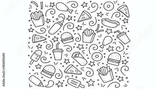 Hand-drawn doodle pattern of various fast food items. A whimsical collection of junk food icons like burgers, fries, and pizza in a line art style