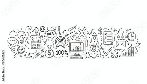 Doodle style illustration banner with various icons for business strategy, startup launch, and digital marketing concepts