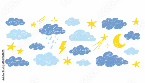 Whimsical hand-drawn weather doodles featuring a collection of clouds, stars, moon, and lightning with a charming pastel crayon texture