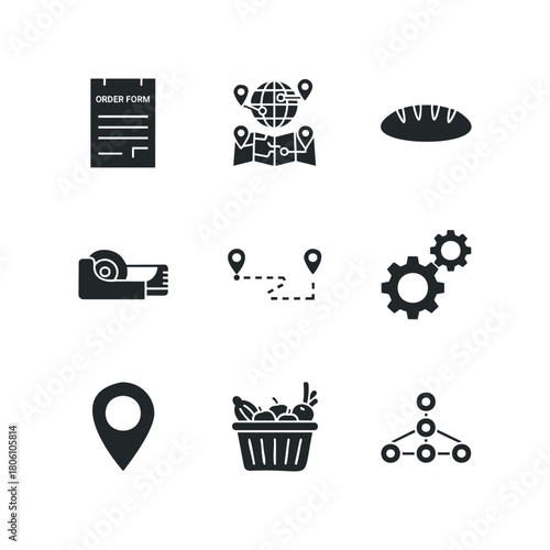 Set of icons representing logistics, business operations, and food delivery with maps, order forms, gears, and location pins.