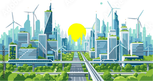 Sustainable green cityscape with renewable energy sources and advanced transportation
