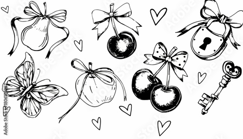 A charming set of hand-drawn vector illustrations with a bow, cherry, pear, butterfly, and a lock and key