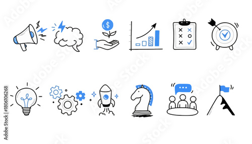 A versatile collection of doodle icons illustrating core business concepts for startup success, from brainstorming to market launch