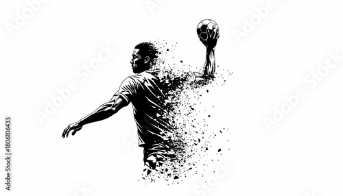Monochrome vector illustration of a powerful handball athlete captured in a moment of explosive motion with a shatter effect