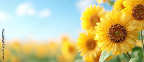 Bright sunflowers bloom in vibrant field under clear blue sky, creating cheerful and uplifting atmosphere. golden petals and rich brown centers stand out beautifully against soft background