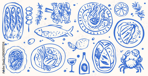 Set of Hand Drawn Foods Doodle Mediterranean Matisse Whimsical Italian Food and Drink, Summer Tropical and Sea Food Line Drawing Vector