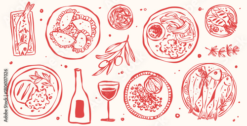 Set of Hand Drawn Foods Doodle Mediterranean Matisse Whimsical Italian Food and Drink, Summer Tropical and Sea Food Line Drawing Vector