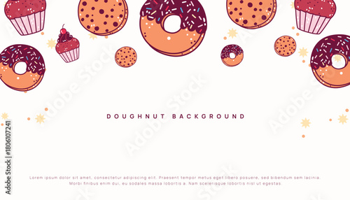 Donut Background With Sprinkles And Cupcakes For Dessert Themed Design.