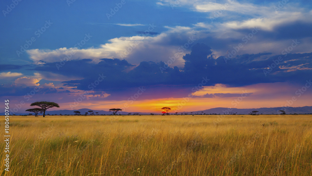 Fototapeta premium Sunset over endless savanna with silhouetted trees and glowing horizon