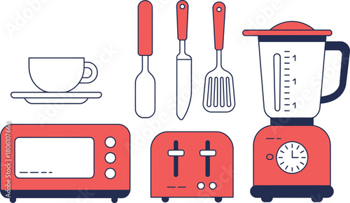 Illustrated Kitchen Appliances Set Blender, Toaster, Microwave, Cup and Utensils Graphics