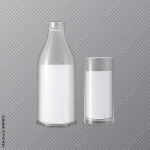 Mockup of an open glass bottle with a glass filled with milk.
