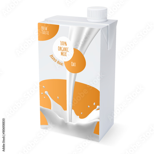 A realistic, vibrant oat milk tetra pack packaging mockup with a yellow design.