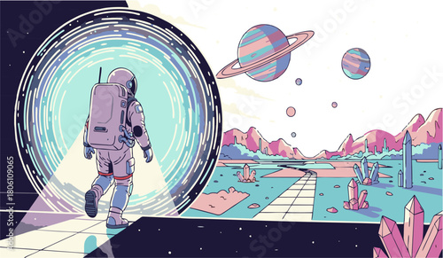 Astronaut's Journey Through a Cosmic Portal to an Alien Landscape