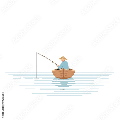Lone Fisherman on a Calm Lake in a Small Boat with a Fishing Rod, Enjoying a Peaceful Day