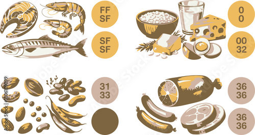 Illustration of Various High Protein Foods Fish, Shrimp, Nuts, Dairy, Eggs, and Processed Meats