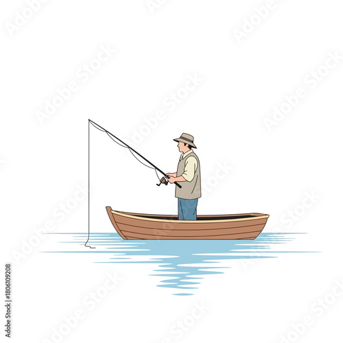 Man fishing from a small boat on a calm body of water, enjoying a peaceful outdoor hobby
