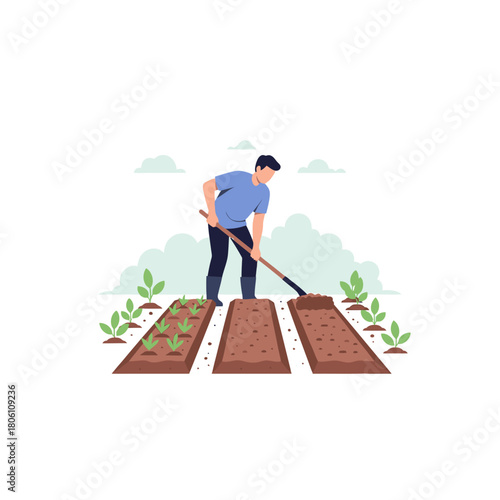 Agricultural worker tending to crops in a field with diligent care, showcasing sustainable farming practices and rural livelihood