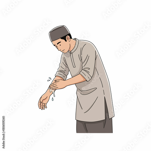 Illustration of a Muslim man performing wudu, washing his arm as part of his ritual purification before prayer