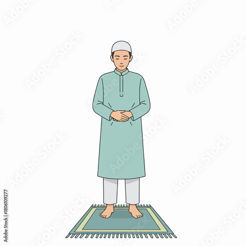 Muslim man praying on a prayer mat during Islamic worship, representing faith and devotion