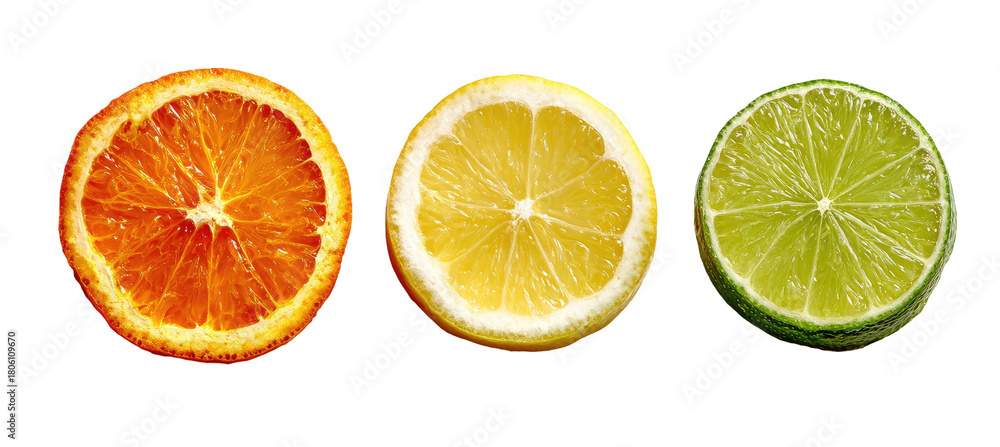 Obraz premium Three citrus fruit slices on black background