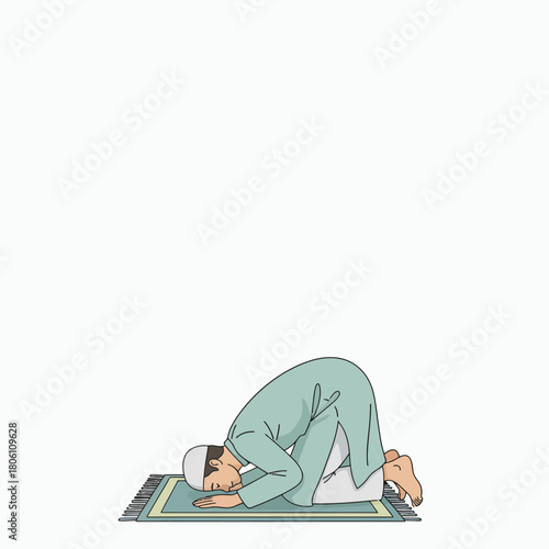 Illustration of a Muslim man performing Salah (Islamic prayer) in the Ruku' position on a prayer mat