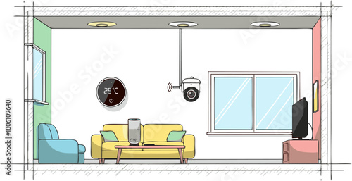 Detailed vector illustration of a smart home living room interior with furniture and a ceiling-mounted security camera for surveillance