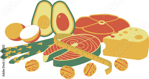 Keto Diet Illustration Salmon, Avocado, Beef, Cheese, Walnuts, Eggs, Asparagus with Measuring Tape