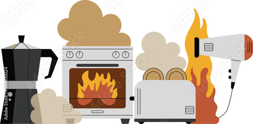 Kitchen Appliances Malfunctioning Fire in Oven, Toaster Smoking, Hair Dryer Flaming Metaphor