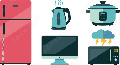 Kitchen Appliance Art Refrigerator, Kettle, Pressure Cooker, Monitor, Microwave, Stormy Cloud Design