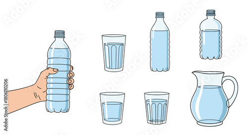 Illustration of various water containers, including plastic bottles, drinking glasses, and a pitcher, with one bottle held by a hand.