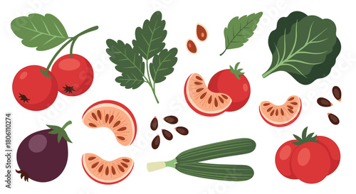 A collection of fresh and healthy fruits, vegetables, and seeds, including berries, leafy greens, tomatoes, zucchini, and passion fruit slices.