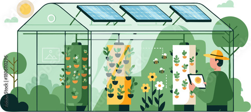 Sustainable Greenhouse with Solar Panels and Vertical Gardening Illustration