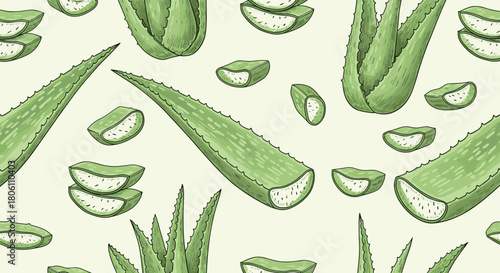 A refreshing seamless pattern featuring hand-drawn aloe vera plants and their beneficial slices, perfect for natural and wellness themes.