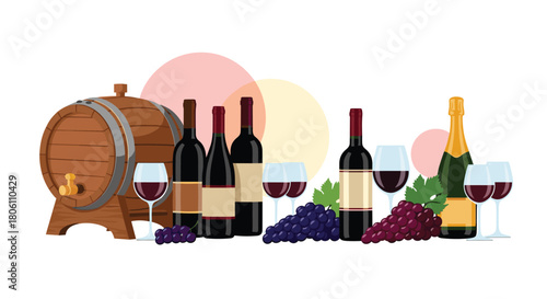 An elegant arrangement of wine barrels, bottles, glasses, and fresh grapes, depicting a rich viticultural scene.
