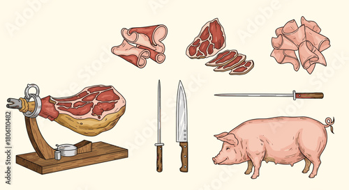 A diverse collection of pork products, featuring a cured ham on a stand, various meat cuts, a live pig, and butchering tools for preparation.