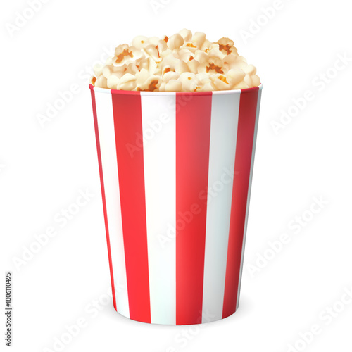 Realistic medium-sized paper cup with red stripes filled with popcorn.