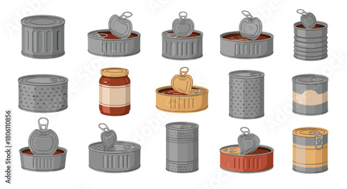 A diverse collection of metal food cans, some sealed, some open with visible contents, and a glass jar, all isolated on a white background.