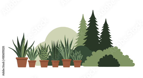 Stylized illustration featuring a diverse array of potted green houseplants alongside a dense and verdant outdoor forest landscape.