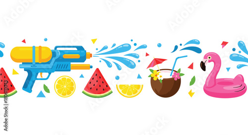 Playful summer banner featuring a water gun, refreshing fruit, a coconut cocktail, and an inflatable flamingo.