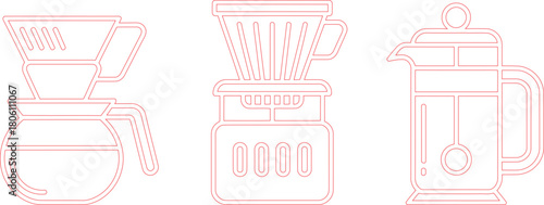 Line Art Illustration Pour Over Coffee Maker, Coffee Scale, and French Press