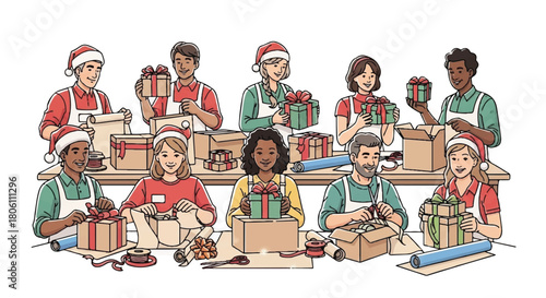 Holiday Gift Workshop: A team of diverse individuals in festive attire diligently wrap and prepare gifts, symbolizing the spirit of generosity and communal joy.
