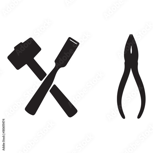 Hammer, chisel, and pliers isolated on for construction