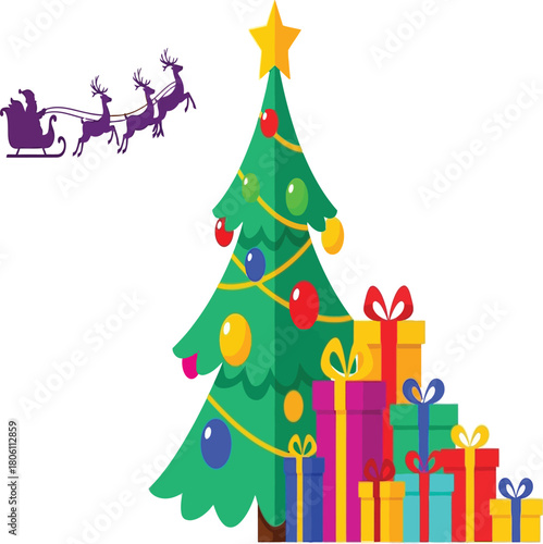 Santa claus flying in his sleigh with reindeer over a christmas tree with gifts isolated on white background, bringing joy and holiday cheer to everyone