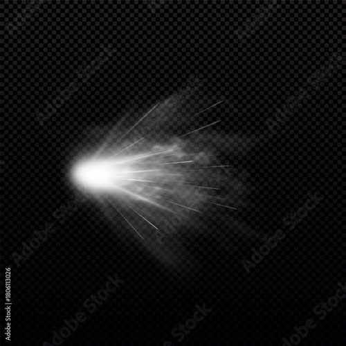 Gun shot with fire and smoke effect, weapon firing blast, vector realistic gun explosion flash shoot white flame trail